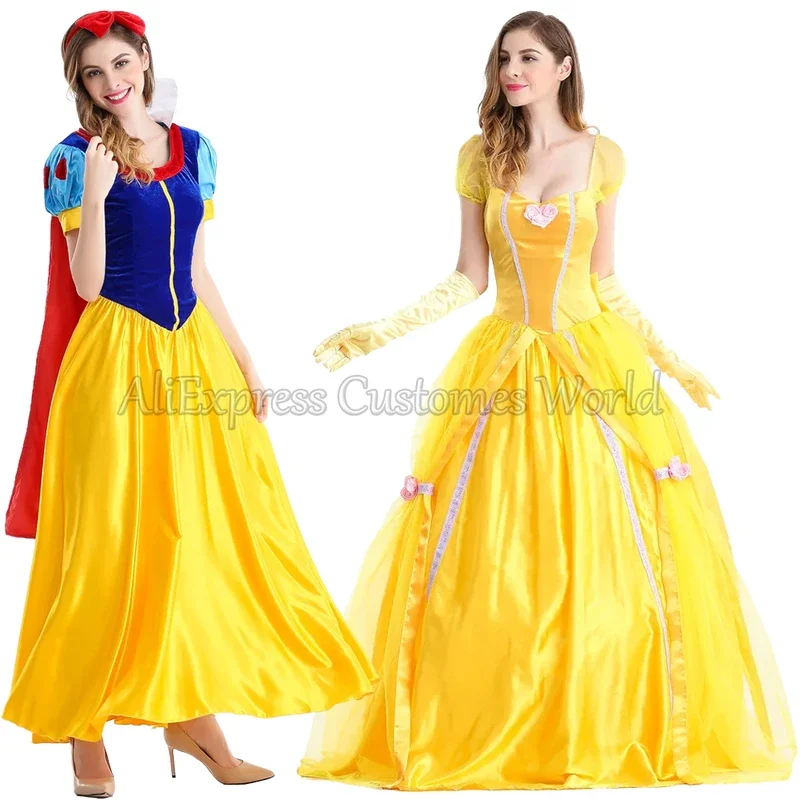 Anime Princess Belle And Snow White Dresses Cosplay Costumes Yellow Long Princess Dress Halloween Party Fancy for Women Female