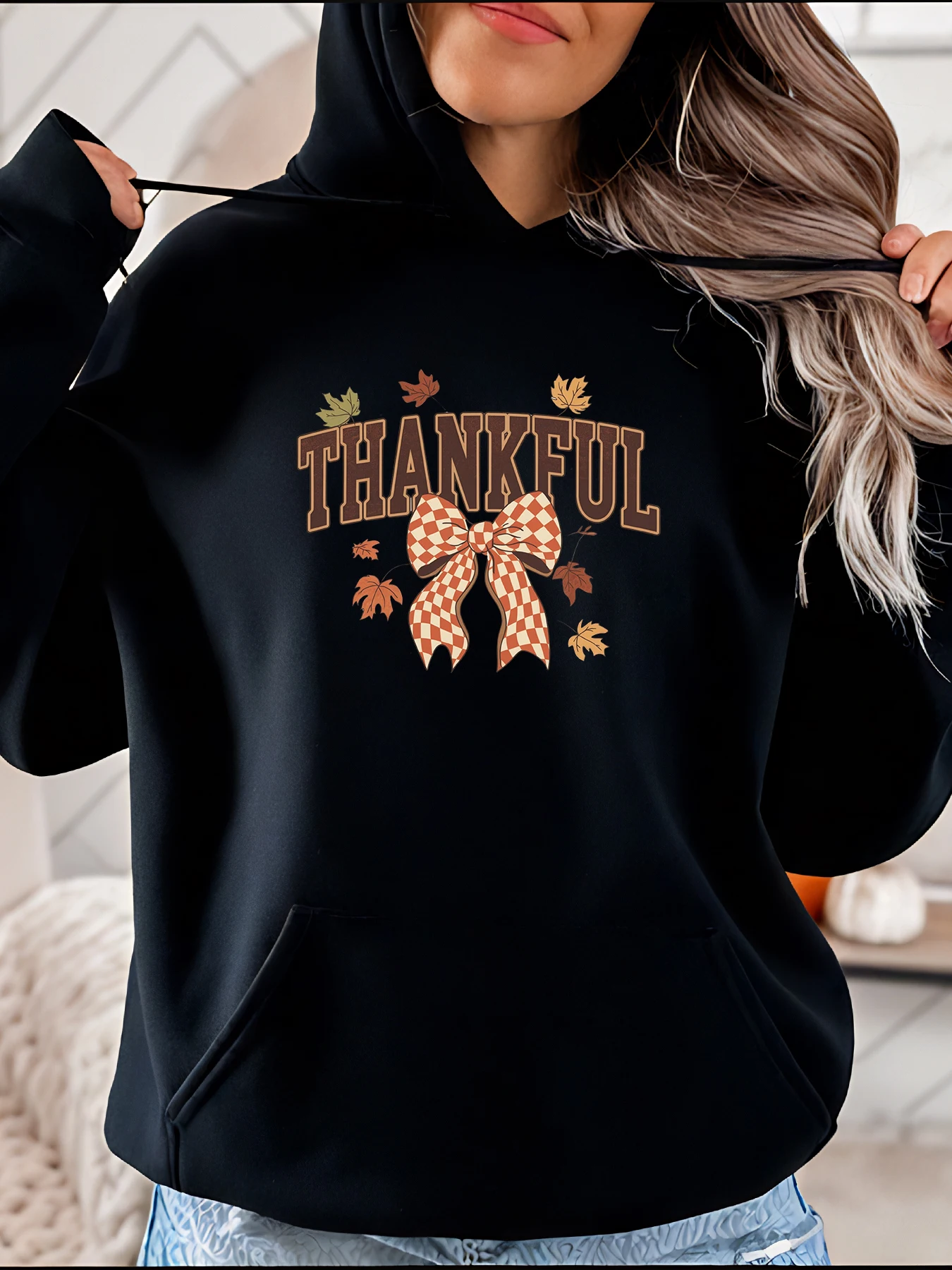 

Толстовка с принтом «Спасибо листьям» и бантом, осенняя повседневная женская толстовка, осенний сезонный пуловер с рисунком