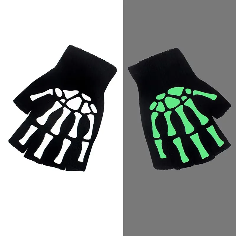 

1/3/5pairs Luminous Skull Half Finger Gloves Halloween Role Playing Gloves Autumn/Winter Warm Knitted Gloves Elastic Gloves