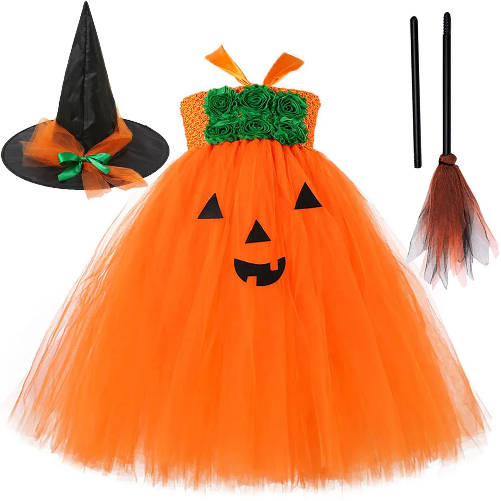 Orange Pumpkin Halloween Costumes for Girls Carnival Party Full Length Tutu Dress with Witch Hat Broom Kids New Years Clothes