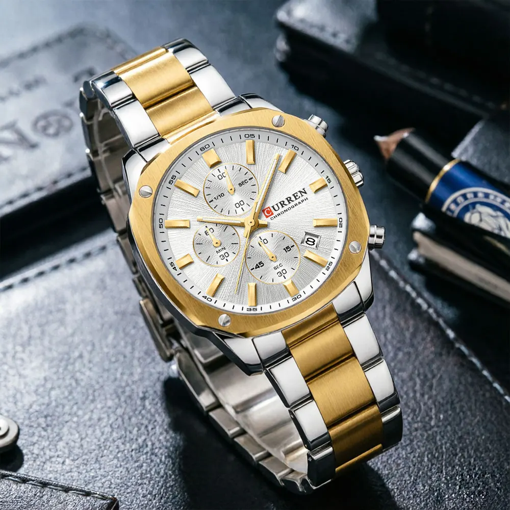 

CURREN Business Casual Chronograph Watch for Men Stainless Steel Band with Square Dial Luminous Hands -Quartz Movement