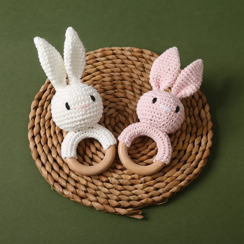 1pc Baby Crochet Rabbit Music Rattle Teether Wooden Ring Rattle Toys Soother Bracelet Mobile Crib Toys For Newborn Gifts Teether