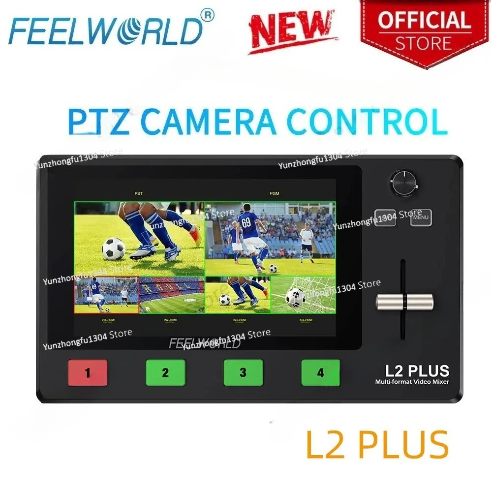 

FEELWORLD L2 PLUS 5,5-дюймовый мультикамерный видеомикшер с ЖК-дисплеем, встроенный хроматический ключ и наложение логотипа, PTZ-управление, хроматический ключ USB3.0