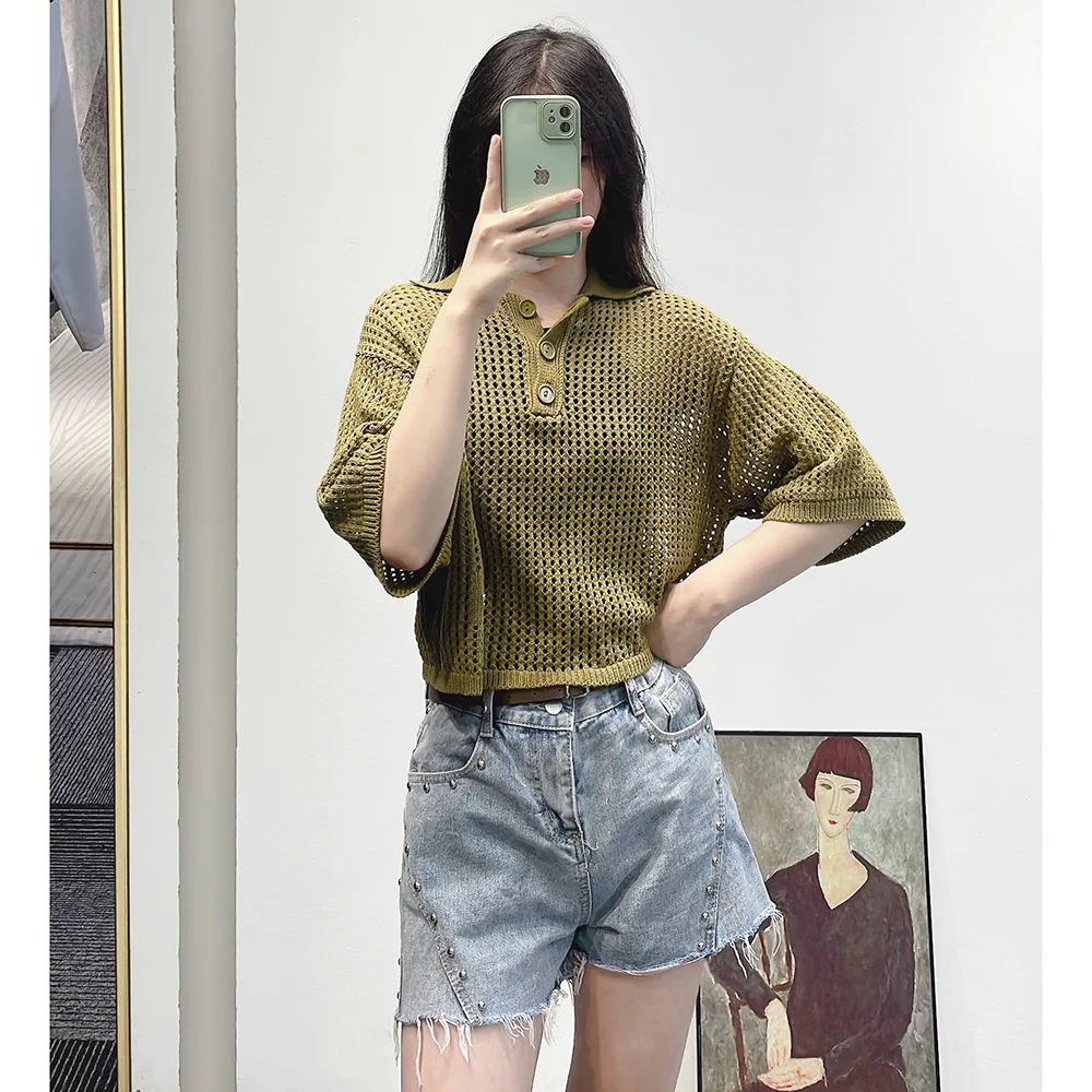 High Quality 2023 New Summer Hollow Out Loose Women Knitted Shirts Casual Pullovers Crop Top Half Sleeve Turn-down Collar Tshirt