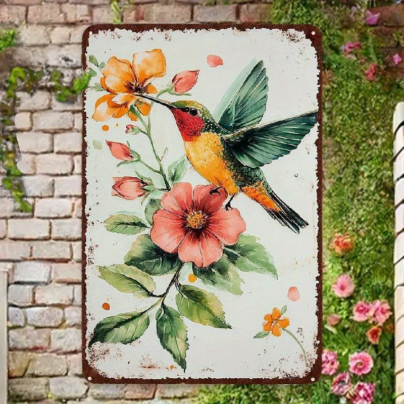 Vibrant Metal Tin Sign - Anique Watercolor Hummingbird Decor | Durable, Nature-inspired Design, Easy To Hang