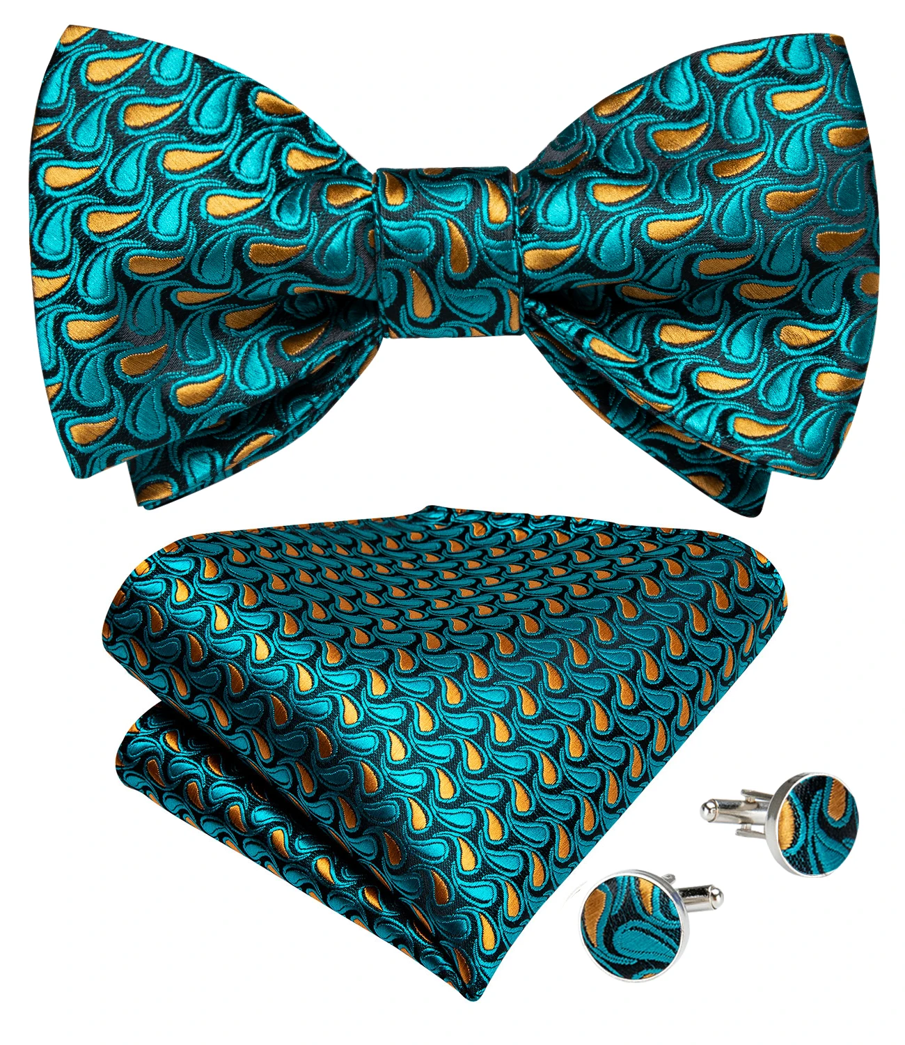 แฟชั่นสีฟ้าสีเขียว Self-Tie Bowties สำหรับผู้ชายงานแต่งงาน Cufflinks พ็อกเก็ตสแควร์เข็มกลัดชุดผู้ชายอุปกรณ์เสริม Paisley คอ tie