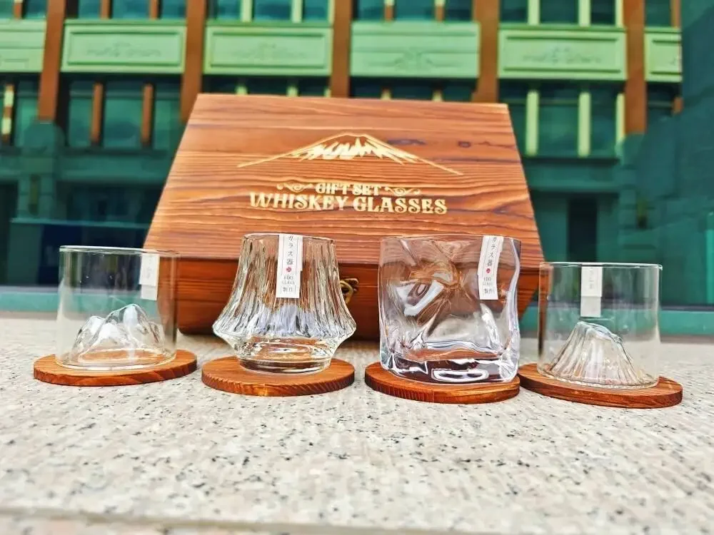 Latest Whiskey Glass Gift Set Wooden Box 4 Different Cup 8 Stone Ice Cube 4 Wood Coaster 1 Storage Bag 1 Clip Best Gift For Man 6