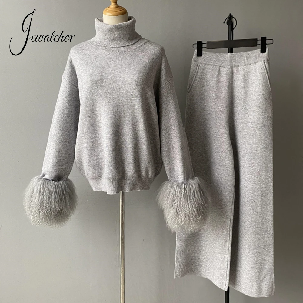 Jxwatcher Women\'s Sweater Set with Real Mongolian Sheep Fur Cuff Ladies Turtleneck Knit Pullover and Pants 2 Piece Stes 2024 New