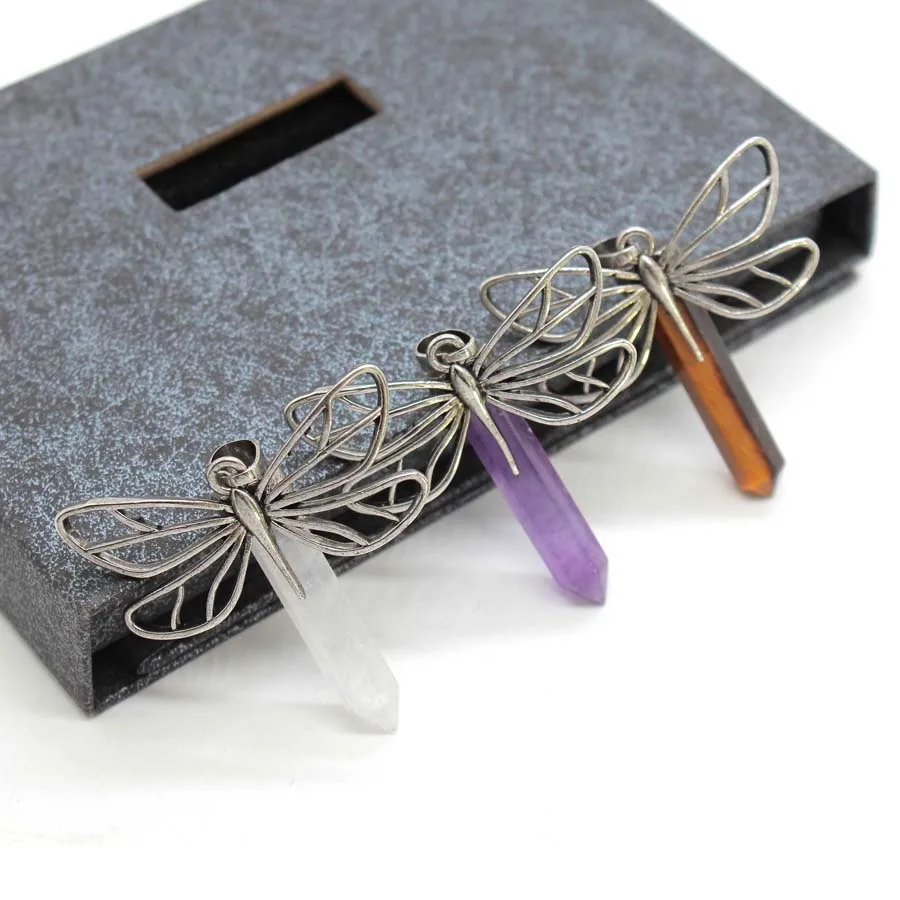 كريستال حجر اليعسوب المعلقات الجمشت الطبيعي روز كوارتز اللازورد العقيق عين النمر الأحجار الكريمة سداسية قلادة مجوهرات #3