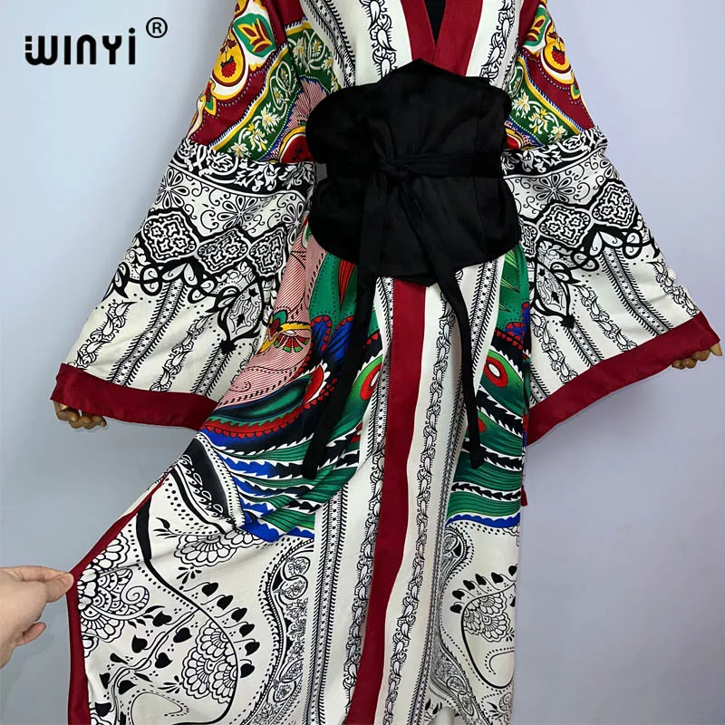 WINYI 2022 kobiety kimono moda w stylu Vintage Totem kwiatowy kaftan drukuj talia seal koszula Midi sukienka z długim rękawem Casual Slim Vestidos