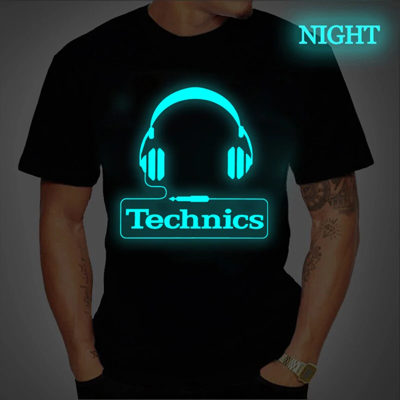 Luminous Technics Headphone Print T Shirts Men Harajuku Fashion T Shirt Summer Short Sleeve T-shirts Trendy Glowing DJ Tee Tops