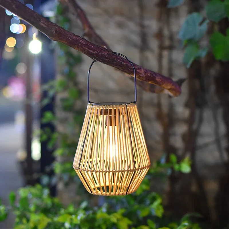 Outdoor Solar Garden Light Waterproof Rattan Weaving Retro Solar Powered Hanging Lamp For Balcony Villa Landscape Decoration