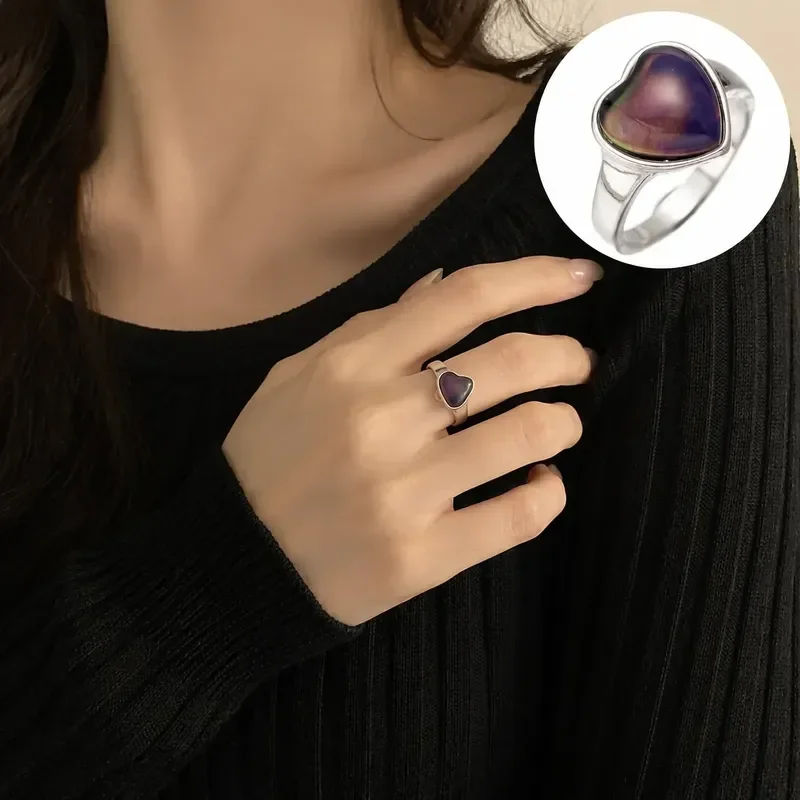 

Color Changing Mood Ring for Women Heart Shape Fashion Jewelry Adjustable Stainless Steel Band Temperature Sensitive