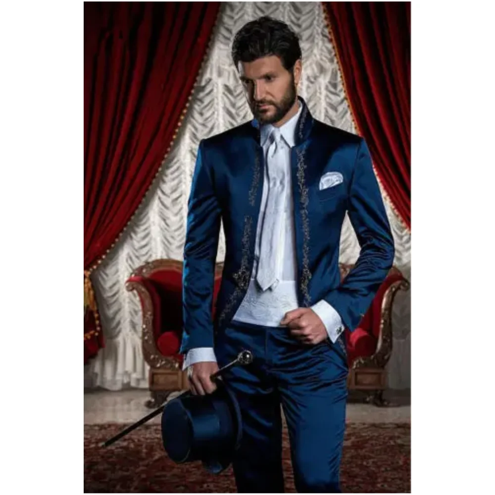 

Dark Blue Satin Men Suits Custom Made Stage Grooms Wedding Tuxedo Formal Dinner Suit Coat Jacket Blazer 2 Pieces(Jacket+Pant)