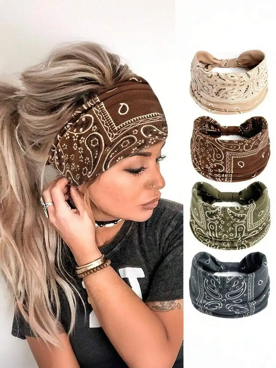 

Набор из 4 эластичных повязок на голову с принтом пейсли для женщин - аксессуары для волос в стиле бохо