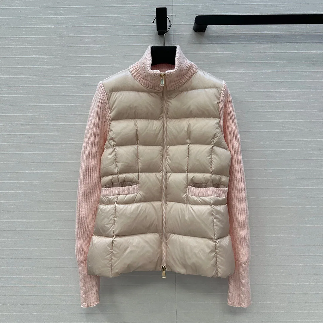 2025 nuevo Otoño Invierno abrigo de plumas de ganso blanco mujer cuello alto manga larga tejido Patchwork bolsillos cremallera chaqueta Casual delgada