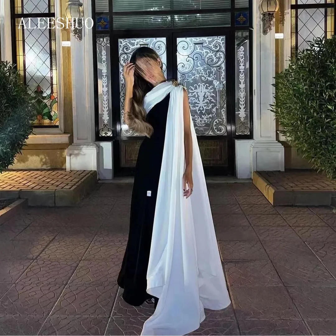 Aleeshuo Modern Black and White Prom Dresses Long Cape Sleeve Maid of Honor Formal Party Evening Gowns Zipper Back Saudi Arabic