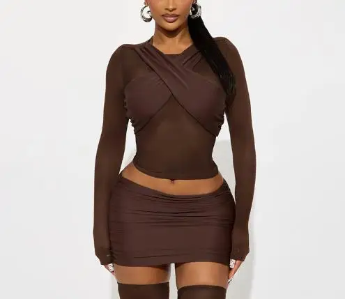 

Осенняя плиссированная двухслойная подкладка с воротником, прозрачная сетчатая ткань, сумка с низкой талией, юбка на бедрах, наколенник, комплект из трех предметов