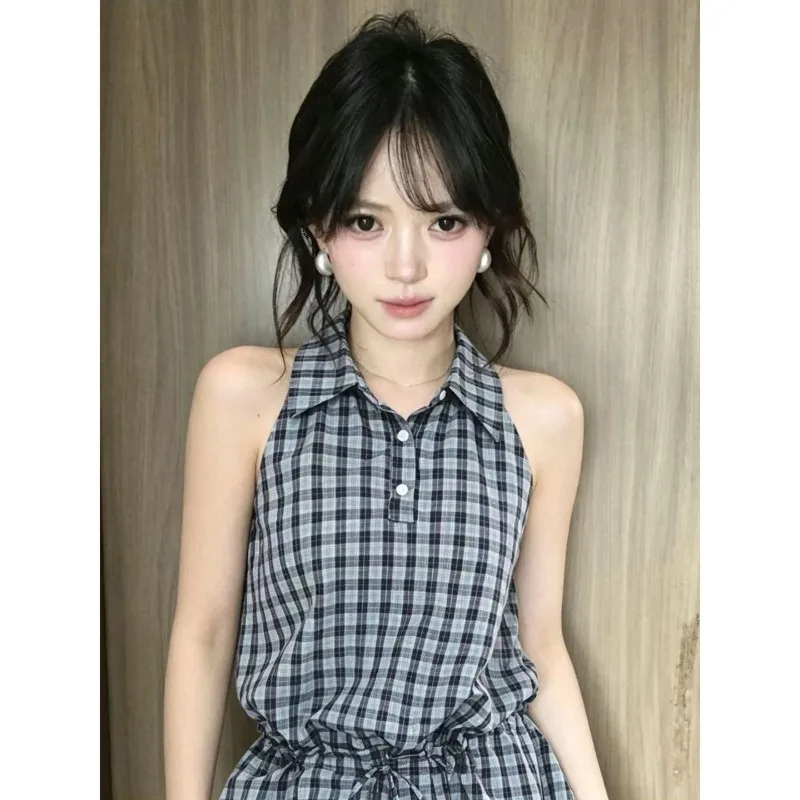 Kimotimo Summer Plaid Off Shoulder Sleeveless Shirt Women Drawstring Waist Slim Lapel Tops Korean Chic Retro Sweet Y2k Blouses