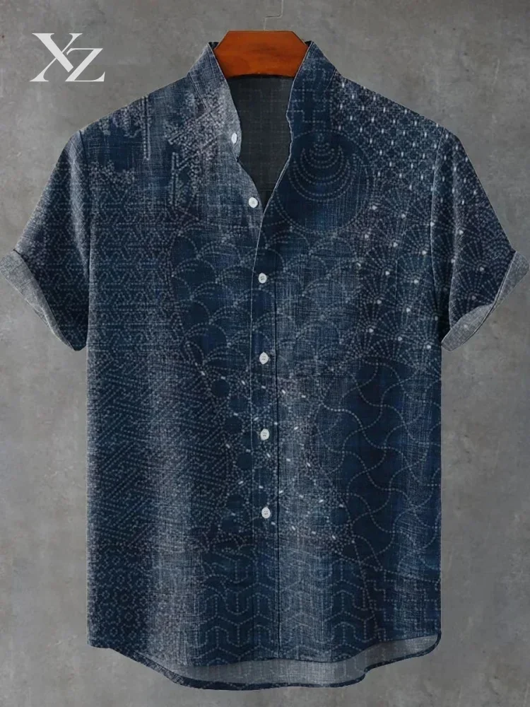 Men's Japanese Sashiko Art Vintage Print Short Sleeve Stand Collar Button Summer Casual Shirt Office Wear Chic Tops