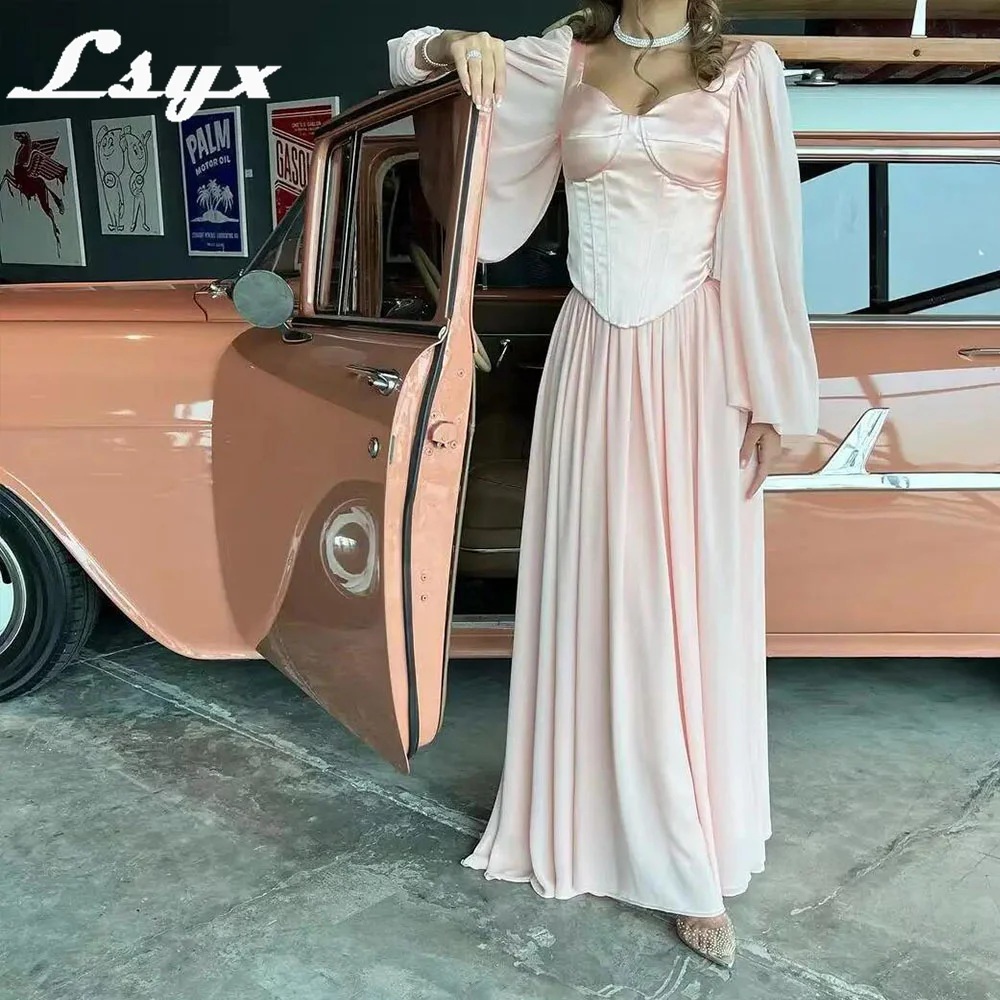 

LSYX Princess Party Dresses A-line Long Sleeves Elegant Backless Prom Gown Patchwork Draped Ankle-Length Casual Evening Dresses