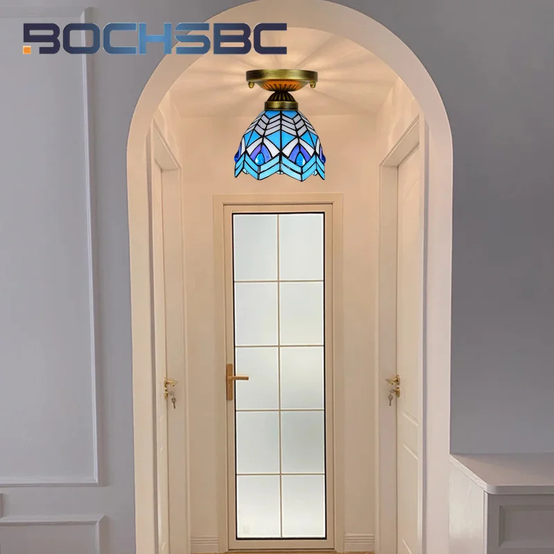 

BOCHSBC Tiffany 6inch ceiling light LED Night lamp deco bedroom aisle hallway balcony Mediterranean style blue overhead light