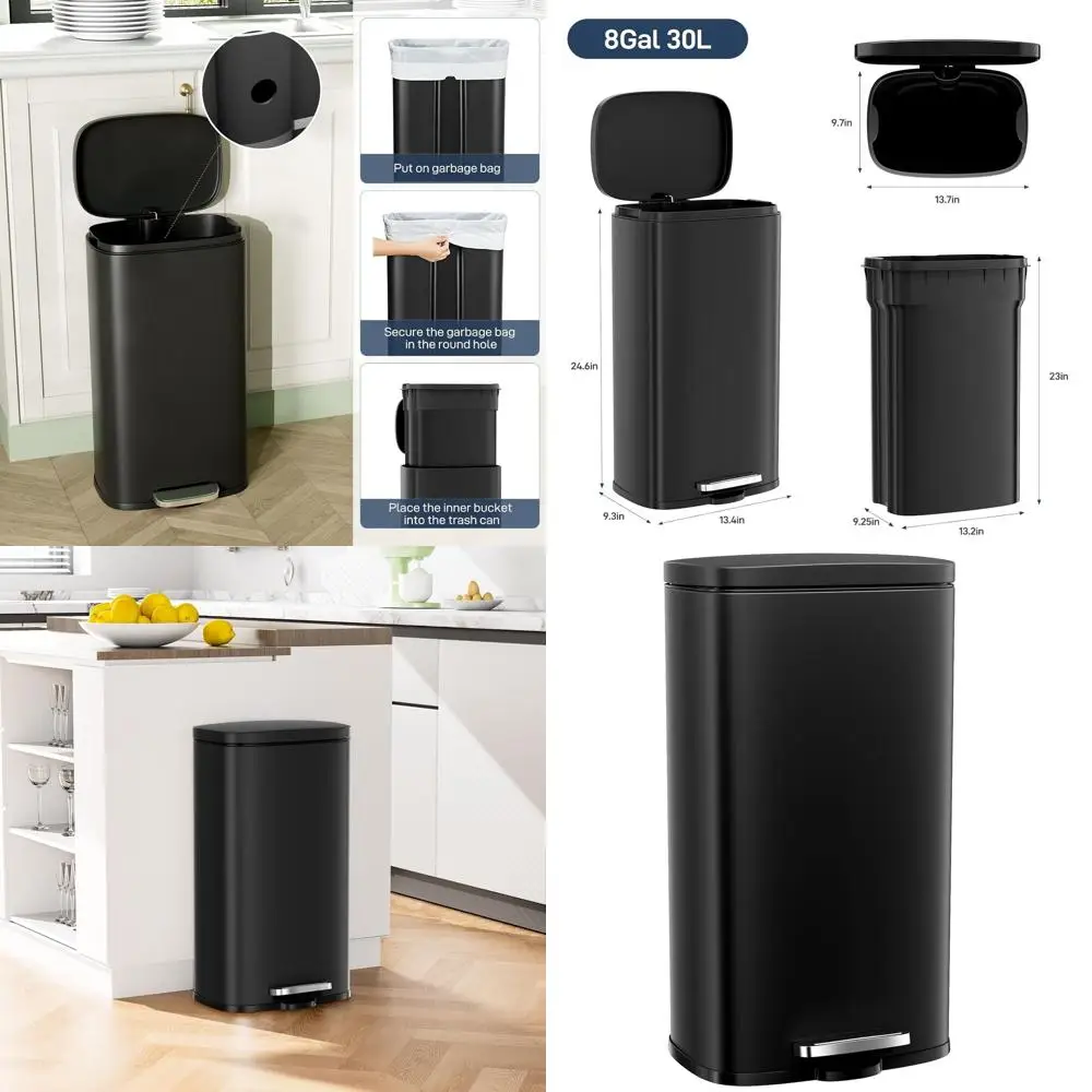 

30L Black Stainless Steel Step Trash Can with Soft-Close Lid and Removable Inner Bucket for Kitchen and Home Use
