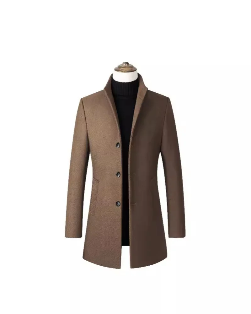 Men's Medium to Long Single Breasted Woolen Coat European Style Stand up Collar Thick Trench Coat for Men