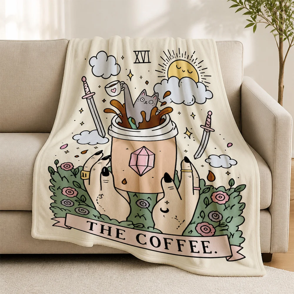 Whimsical Coffee Cat Throw Blanket for Sofa Cozy Decor Gift Boho Chic Lap Shawl Autumn Winter Home Accessory