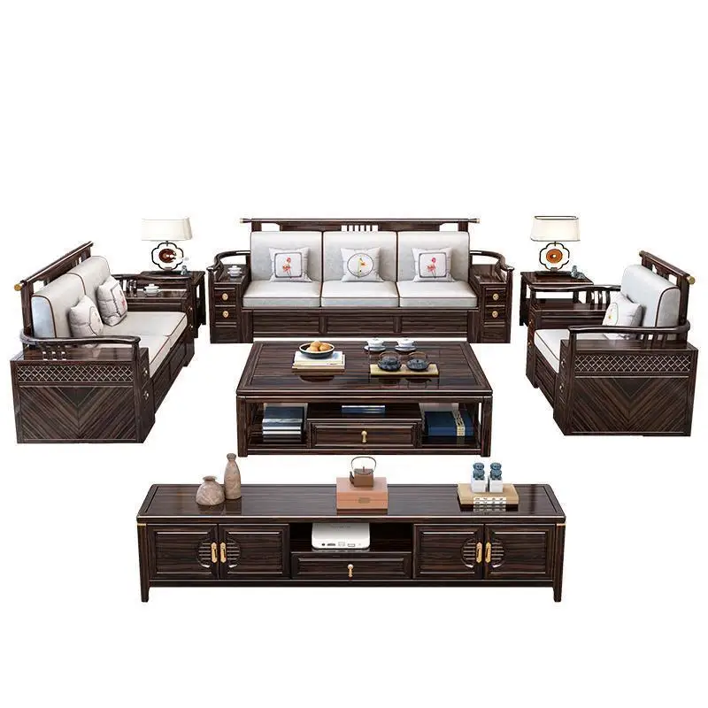 

New Chinese ebony sofa solid wood summer and winter dual-purpose modern living room full solid wood storage fabric wood sofa