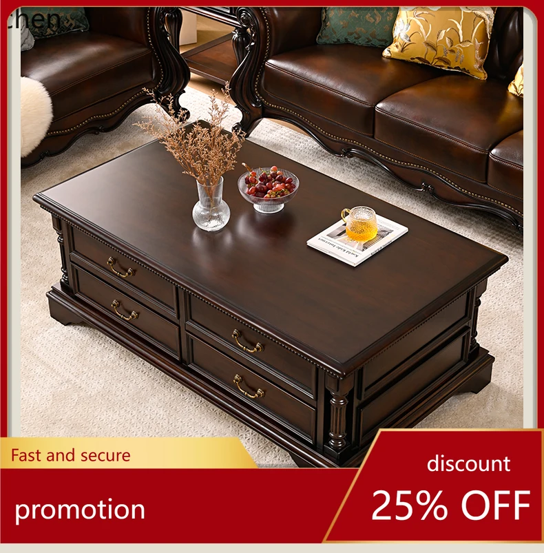 HXL Solid Wood Coffee Table Living Room Walnut Color Multi-Drawer Solid Wood Storage Coffee Table
