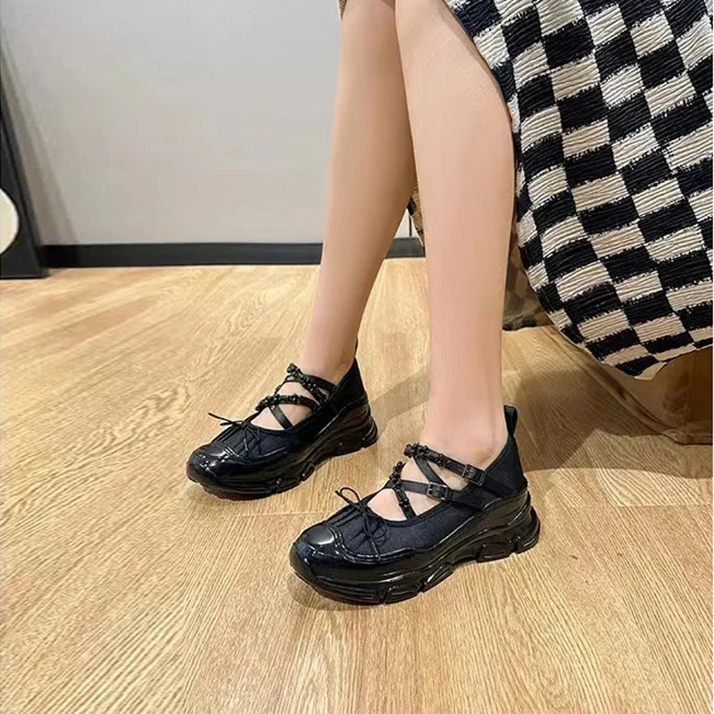 Thick Sole High Quality Women Casual Flat Shoes Fashion Pearl Shallow Ankle Strap Ladies Dress Flat Elegant Mary Jane Shoes 40