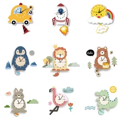 Cute Animals Pendulum Wall Clock Sun Rocket Dinosaur Flamingo Lion Display DIY Decor for Home & Office Bear Rabbit Lover Gift