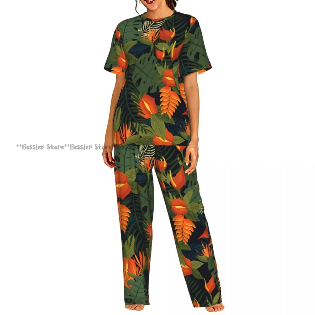 

Women Pajama Sets Lounge Sleepwear Exotic Floral Short Sleeve Nightwear