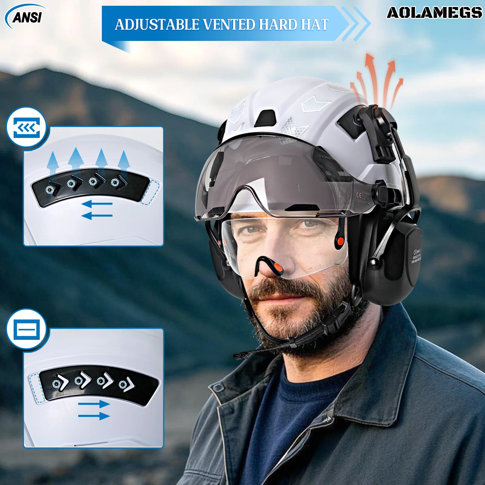 CE Safety Helmet with Double Goggles Protective Earmuffs Reflective Stickers Construction Hard Hat Industrial Work Engineer Cap