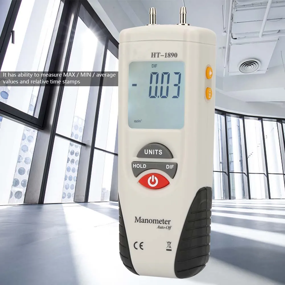 2Pcs Digital Pressure Gauge HT-1890 Differential Air Manometer With Data Hold For HVAC Testing And Industrial Measurement Tool