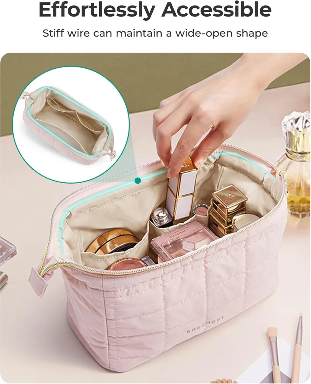 Puffy Makeup Bag Travel Toiletry Organizer, Wide-open Pouch for Cosmetics & Brushes, Pink view 5