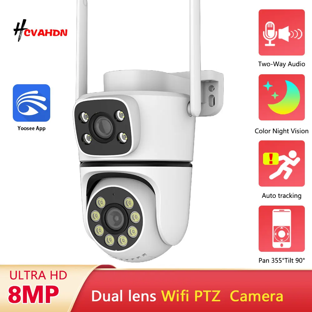 

4K 8МП Уличная PTZ-камера с двумя экранами и двумя объективами, Wi-Fi, IP66, водонепроницаемая, с автоматическим отслеживанием, беспроводная камера видеонаблюдения