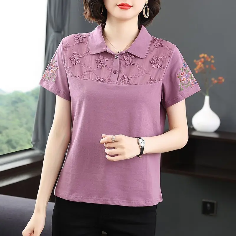 T-Shirt à Manches Courtes et Col Polo pour Femme, Vêtement Décontracté, de Couleur Unie, avec lèvent Brodés, à la Mode, pour Bureau, Été