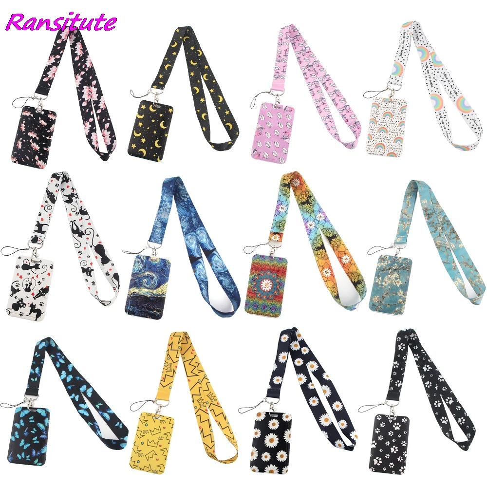 Ransitute R1556 Painting Art Cat Lanyard Card ID Holder Car KeyChain ID Card Pass Gym Phone Badge Kids Key Ring Holder Jewelry