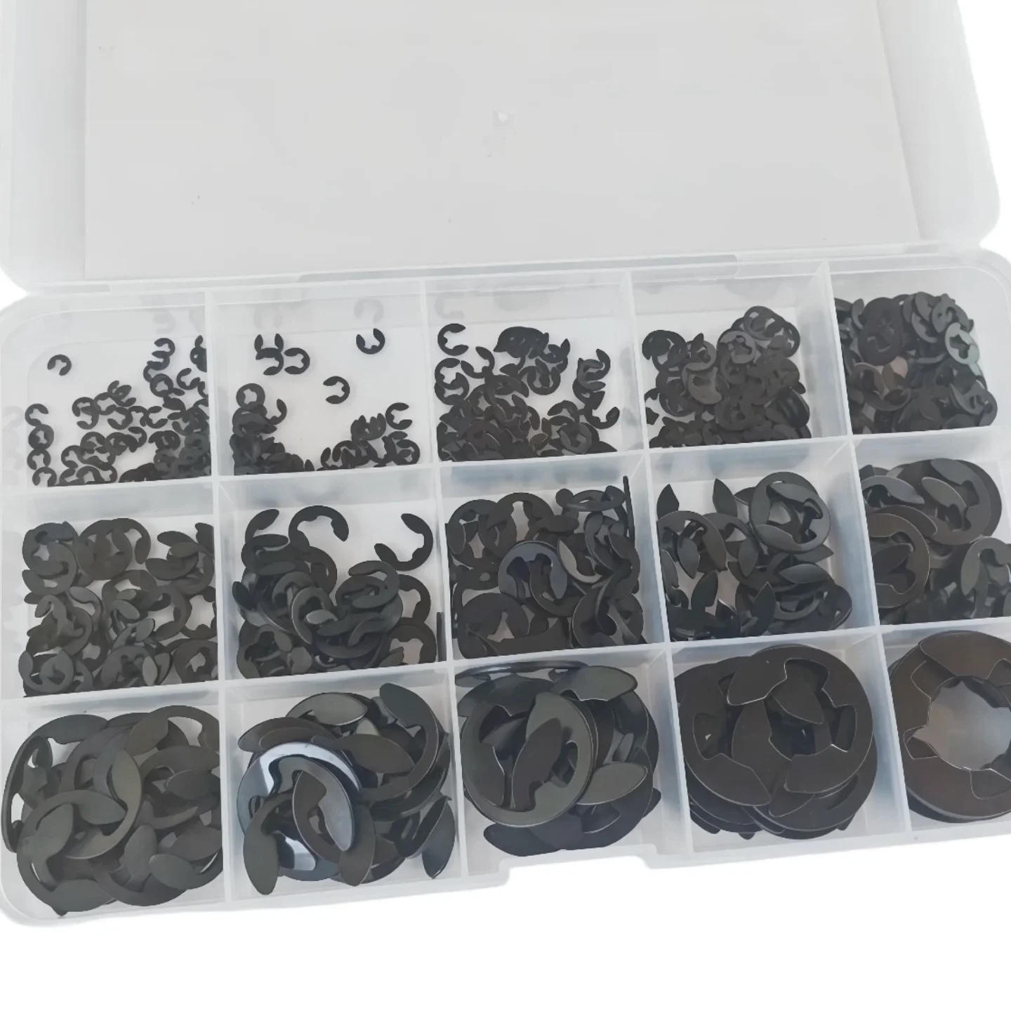 381/507-teiliges M1.5-M15 E-Clip-Set aus schwarzer Legierung, Sortiment für externe Sicherungsringe, metrische Sicherungsringe für Wellenlager und Hardware – Detail 6