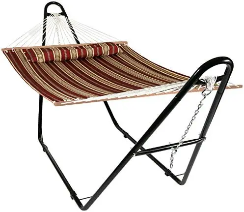 Sunnydaze Quilted Double Hammock with Stand for Outside, 440 lb Capacity | Red Stripe, UV-Resistant, Universal Black