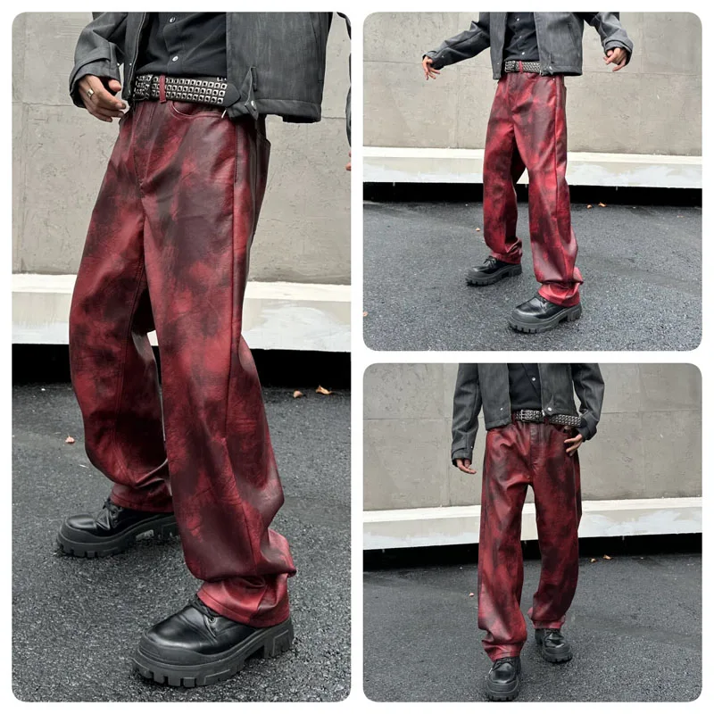 High-end streetwear American new tide loose straight nostalgia encore red PU men's jeans cargo men pants