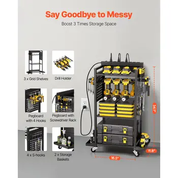 VEVOR - Carrito organizador de herramientas de 4 niveles con estación de carga, 8 tomas de CA, soporte de suelo con ruedas, soporte para taladros para taller y garaje 10 best sales Organizador de garaje - №7