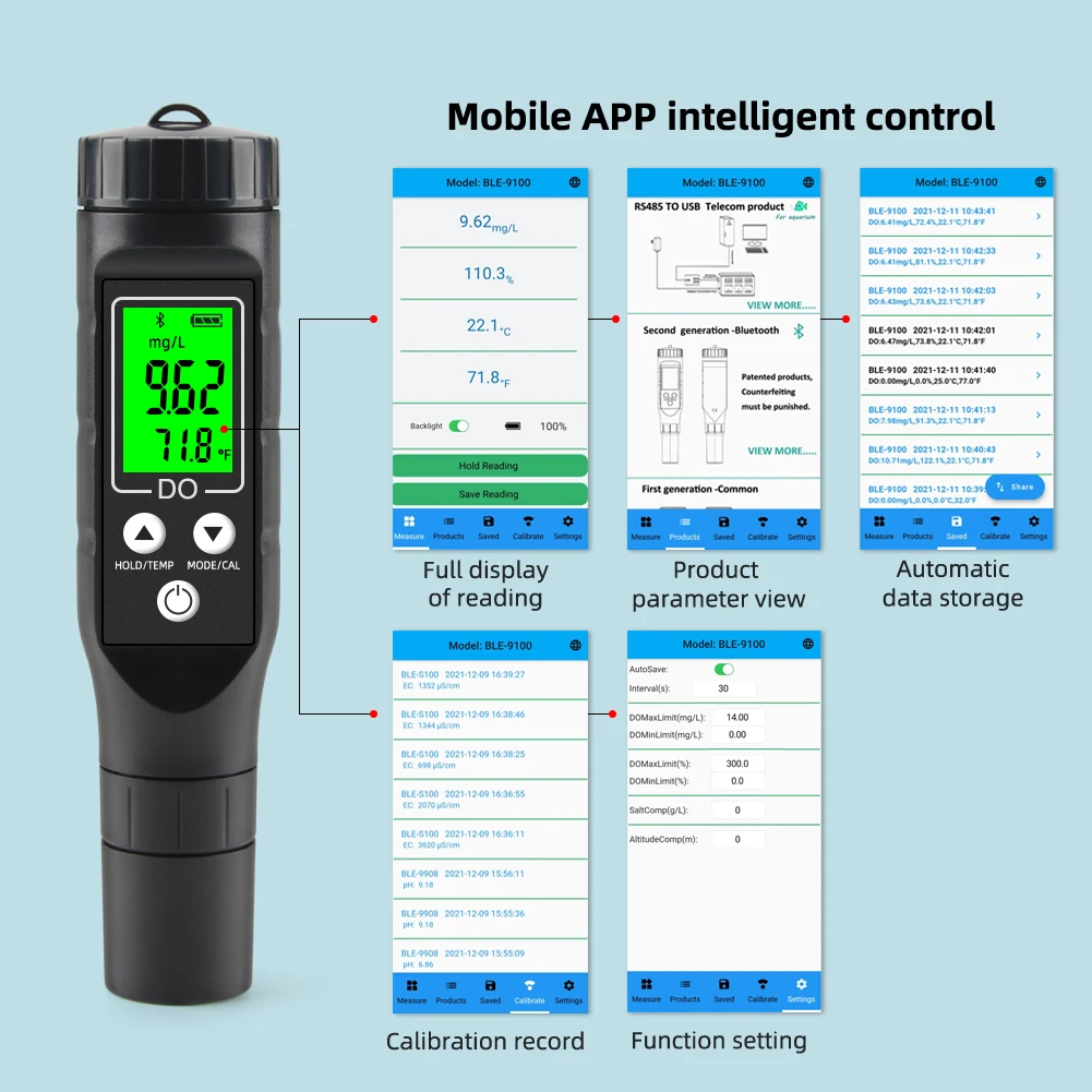 Medidor de oxígeno disuelto BLE-9100, dispositivo inteligente con Bluetooth, 0-30mg/L, Analizador de Do de acuicultura profesional para pecera,