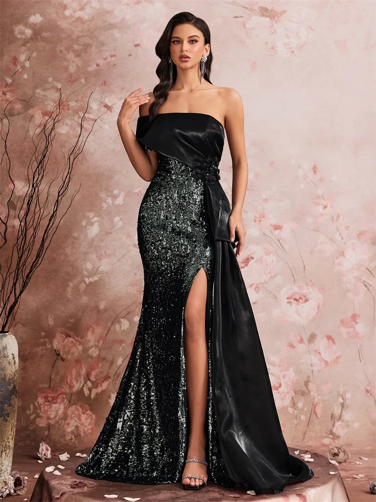 

Lucyinlove Elegant Strapless Splice Sequins Evening Dresses Mermaid Formal Luxury Wedding Party Streamer Cocktail Gowns
