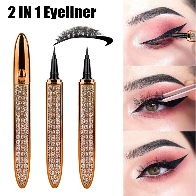 2 In 1 Self Adhesive Eyelashes Eyeliner Pencil Long Lasting No Glue Non Magnetic Quick Drying Eyelashes Sticking Eye Liner Pen