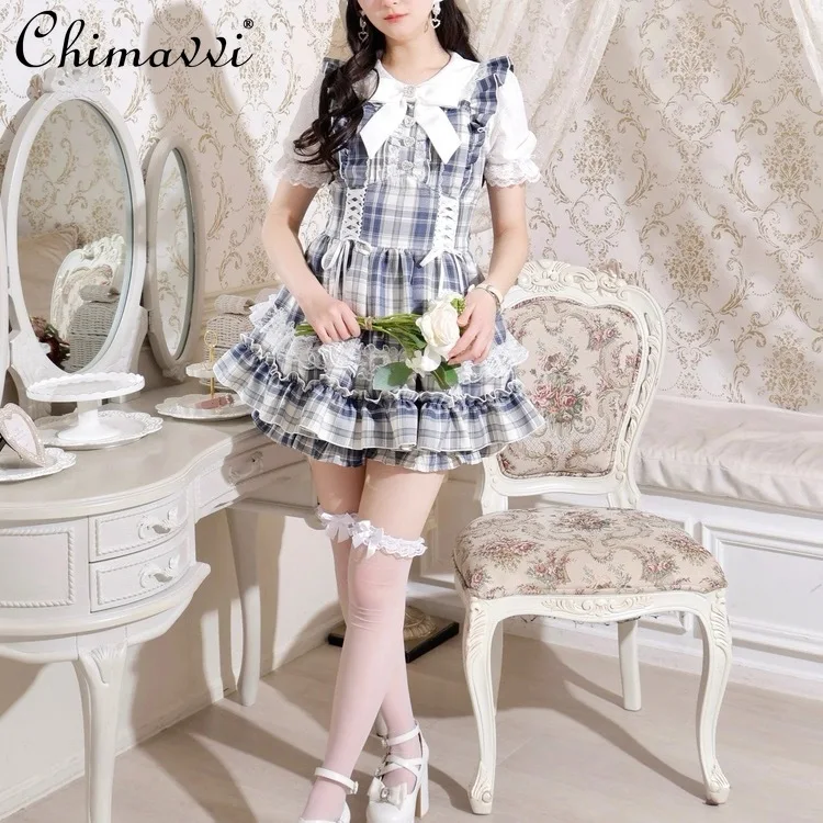 日本の菌柄レースプリンセスドレスセット 2025 夏服 スイートボウ半袖スリムトップ + ショートパンツ ロリータツーピースセット