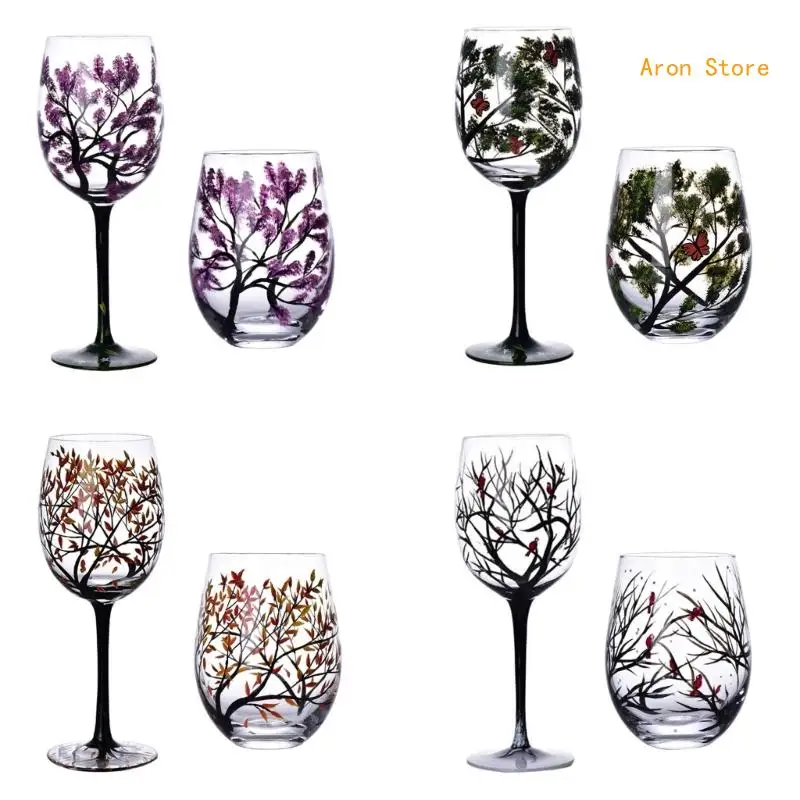 

Four Seasons Tree Wine Glasses Goblet Creative Printed Round Glass Cup for Wine Beer Cocktail Large Capacity Drinkware H3CF