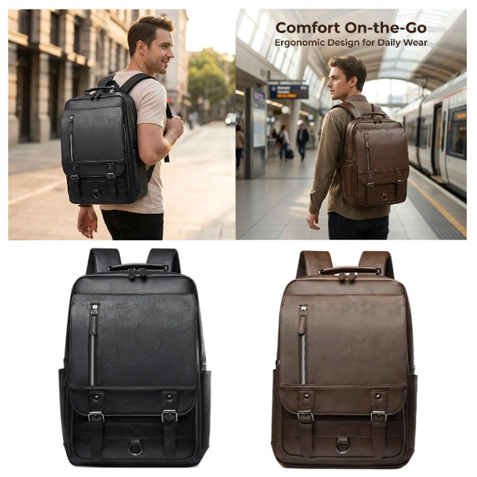 Laptop Backpack Multifunctional PU Leather Waterproof Business Travel Bag with Multiple Pockets for Commuters